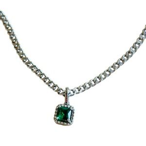 Dalmata Stainless Steel Faux Green Emerald Necklace Crystal Stackable Chain 17"